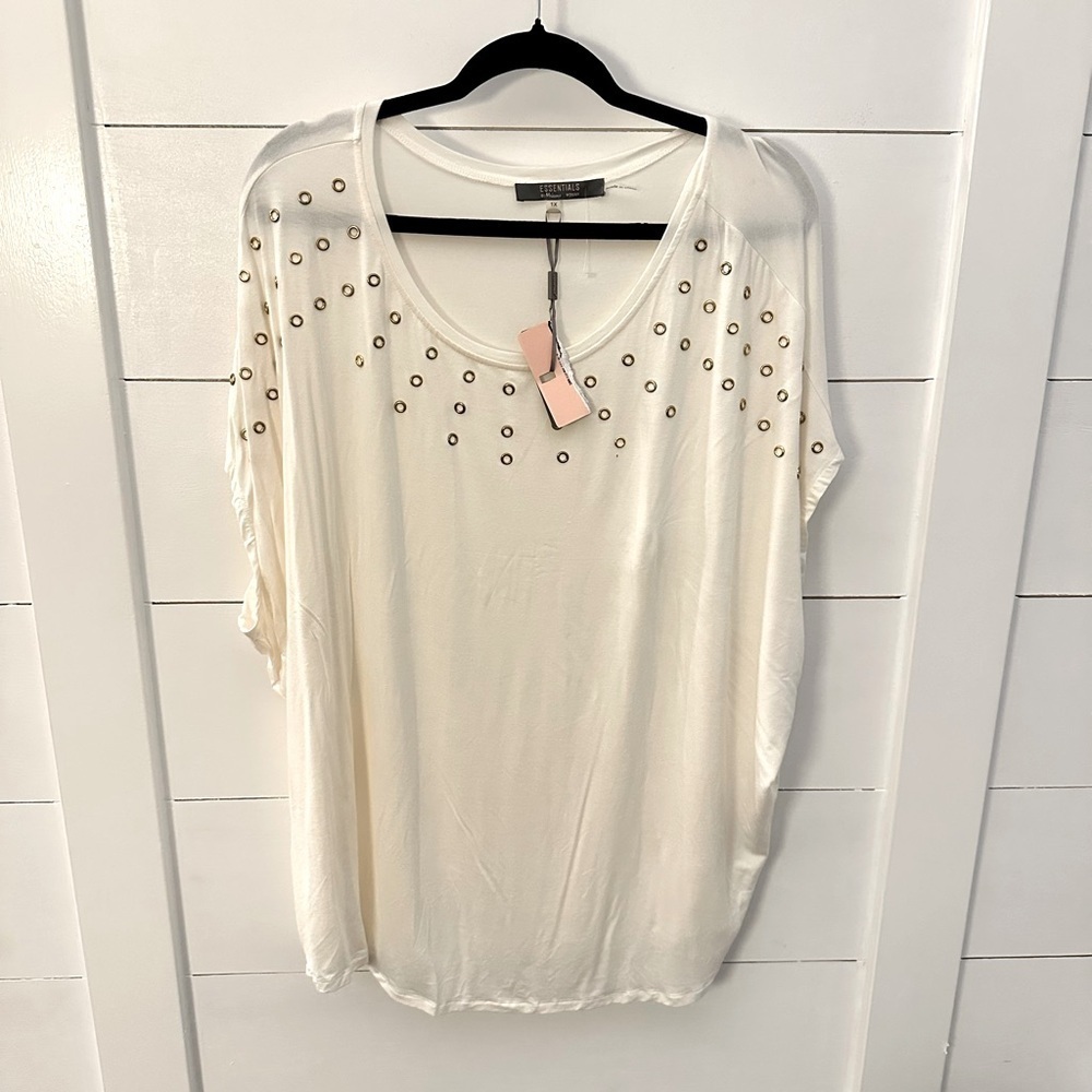 NWT 1X ESSENTIALS Milani White gromet dolman sleeve stretch woman plus size tee
